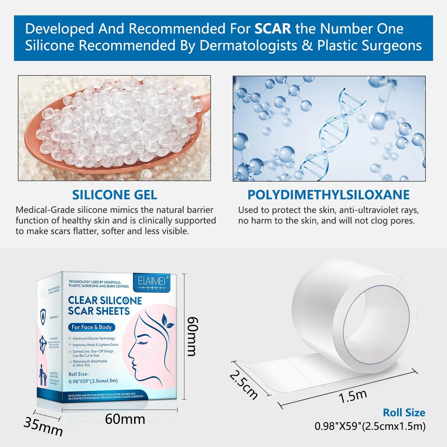 1 Roll Invisible Silicone Scar Sheets , 2.5cm X 150cm Self-Adhesive Scar Cover Tape Reusable and Effective Skin Care Strips